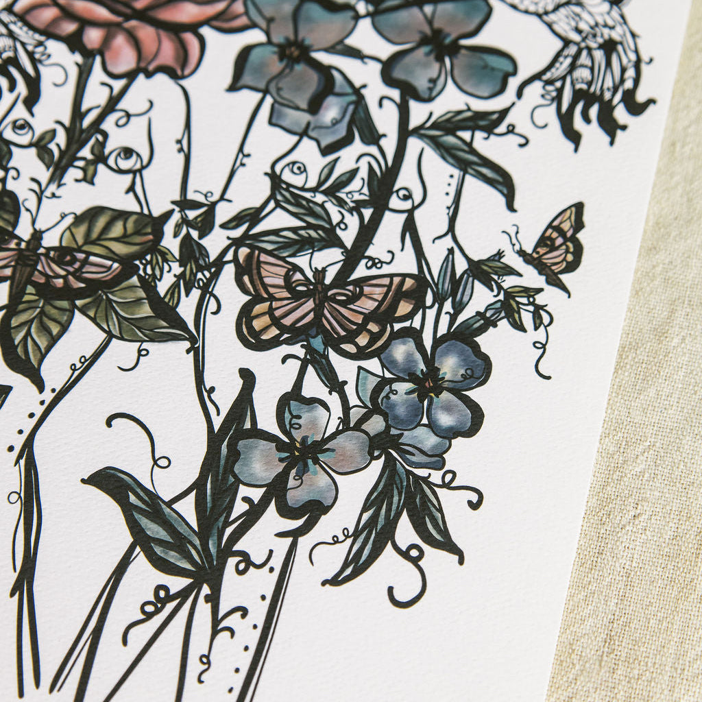 close up of art print featuring two botanical figures by Marcy Ellis. 