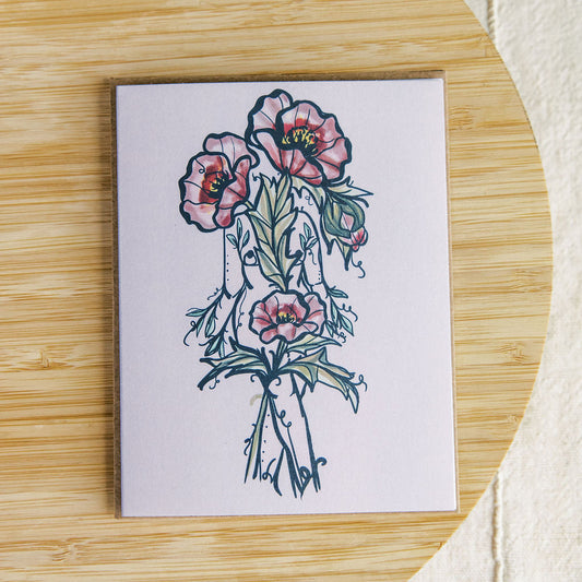 petunia sister greeting card with purple watercolor petunia blooms by marcy ellis