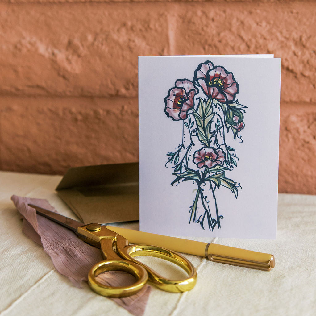 petunia sister greeting card with purple watercolor petunia blooms by marcy ellis