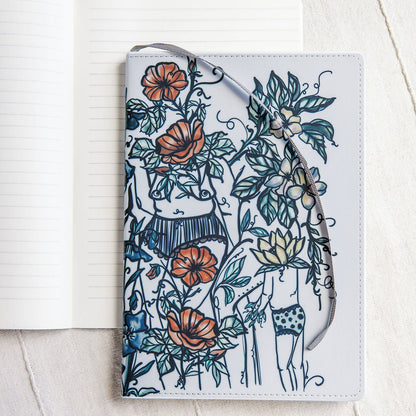 a5 lined journal with watercolor feminine botanical figures wrapping the front and back covers. 190 pages, faux leather cover. hand-painted design by artist Marcy Ellis in Tucson, AZ.