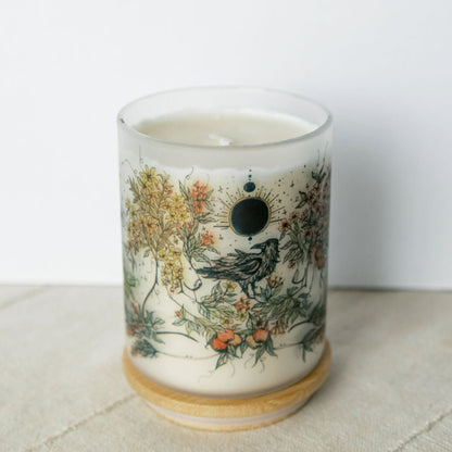 mabon fall equinox soy candle with botanical artwork wrapped around frosted glass jar