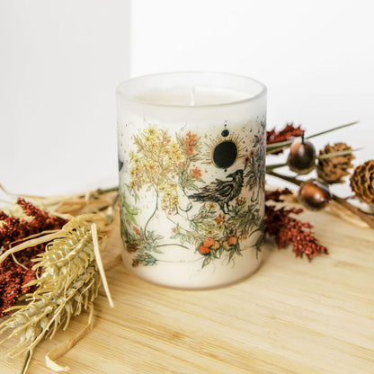 mabon fall equinox soy candle with botanical artwork wrapped around frosted glass jar