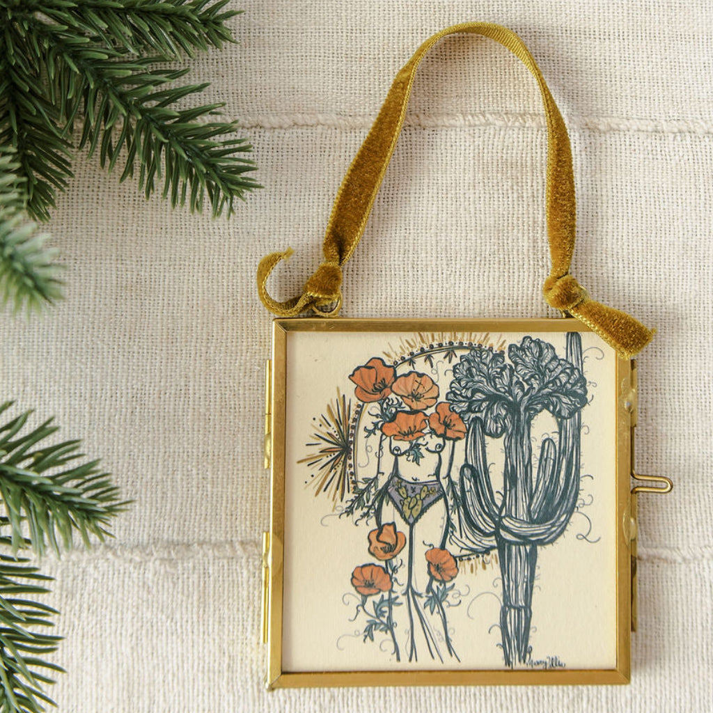 crested saguaro sister double-sided glass frame ornament with green velvet ribbon by marcy ellis