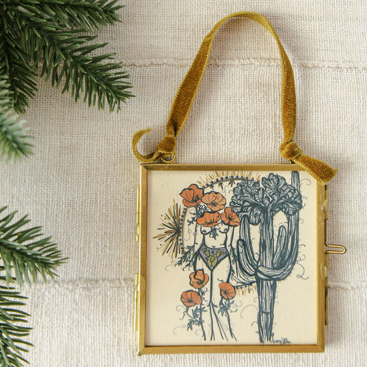 crested saguaro sister double-sided glass frame ornament with green velvet ribbon by marcy ellis
