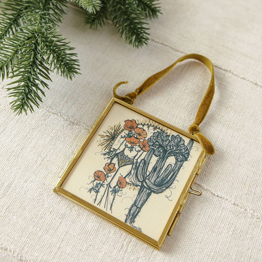 crested saguaro sister double-sided glass frame ornament with green velvet ribbon by marcy ellis