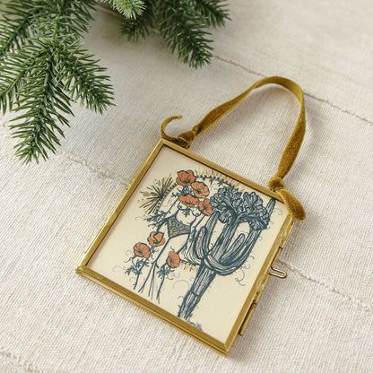 crested saguaro sister double-sided glass frame ornament with green velvet ribbon by marcy ellis