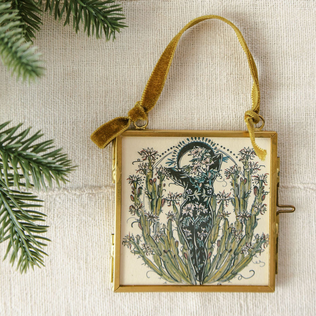 queen of the night double-sided glass frame ornament with night blooming cereus illustration and green velvet ribbon by marcy ellis