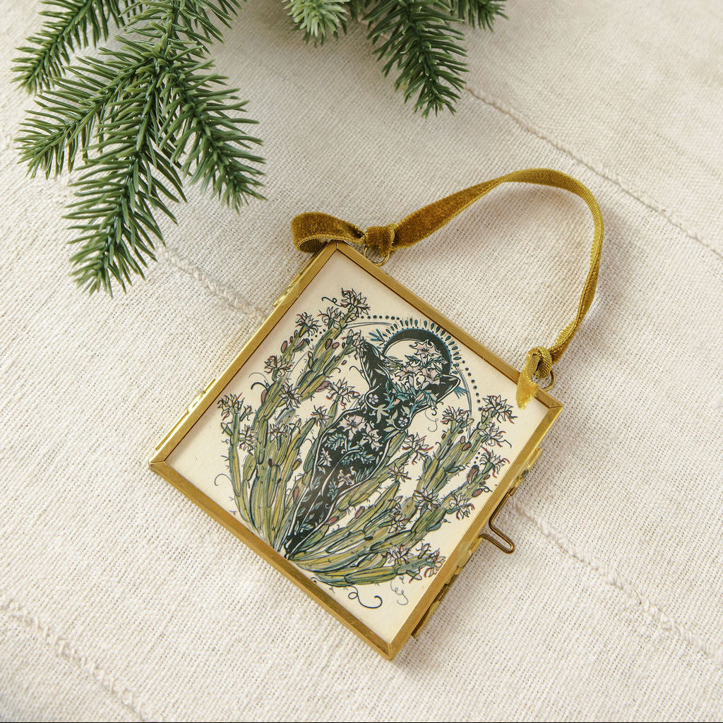 queen of the night double-sided glass frame ornament with night blooming cereus illustration and green velvet ribbon by marcy ellis