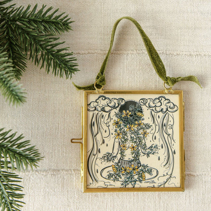 monsoon caller double-sided glass frame ornament with desert rain illustration and green velvet ribbon by marcy ellis
