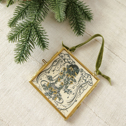 monsoon caller double-sided glass frame ornament with desert rain illustration and green velvet ribbon by marcy ellis
