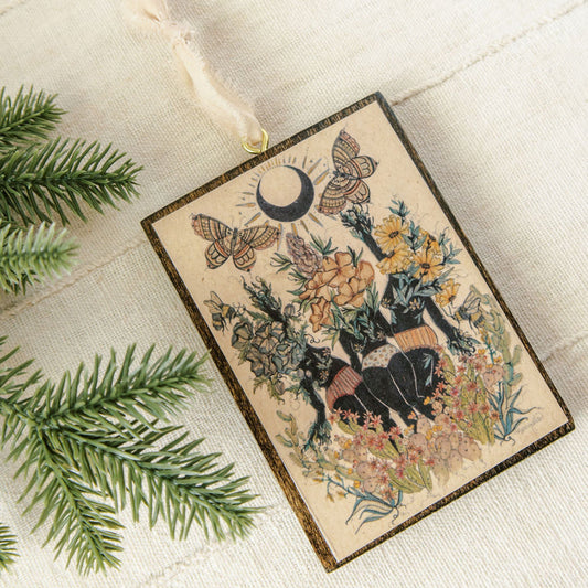 Rise wooden holiday ornament, watercolor desert artwork on hand stained wood
