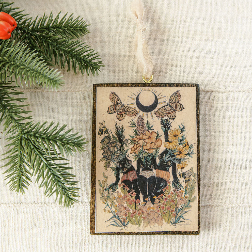 Rise wooden holiday ornament, watercolor desert artwork on hand stained wood