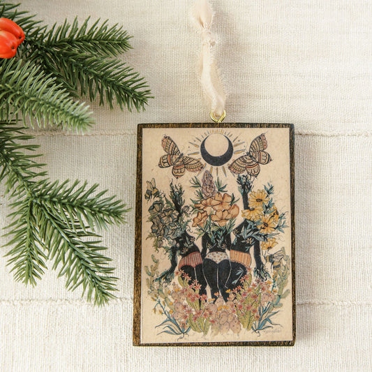Rise wooden holiday ornament, watercolor desert artwork on hand stained wood