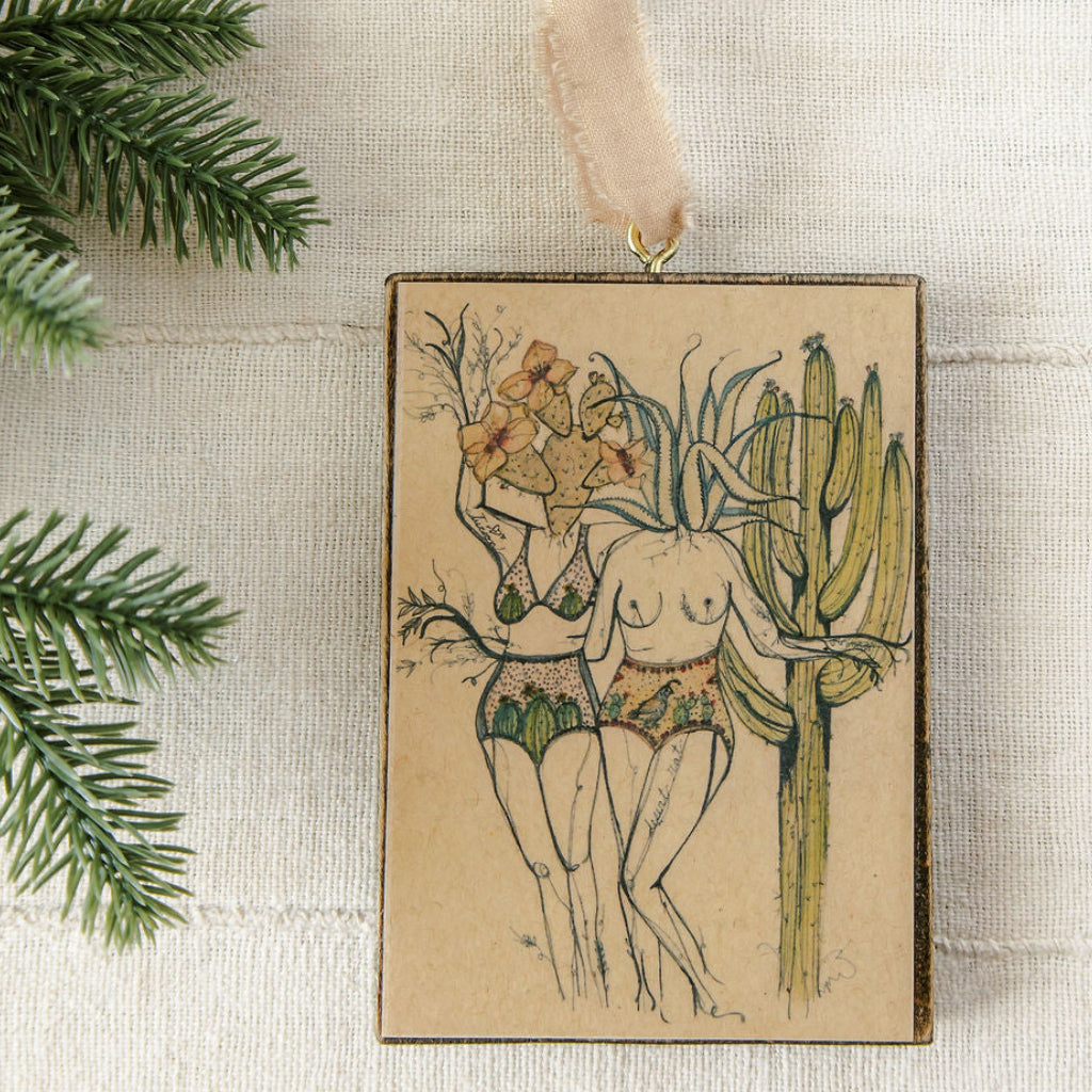 desert rats wooden holiday ornament, watercolor desert artwork on hand stained wood