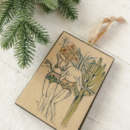 desert rats wooden holiday ornament, watercolor desert artwork on hand stained wood