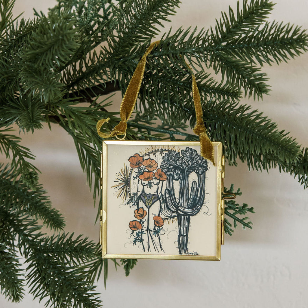 crested saguaro sister double-sided glass frame ornament with green velvet ribbon by marcy ellis