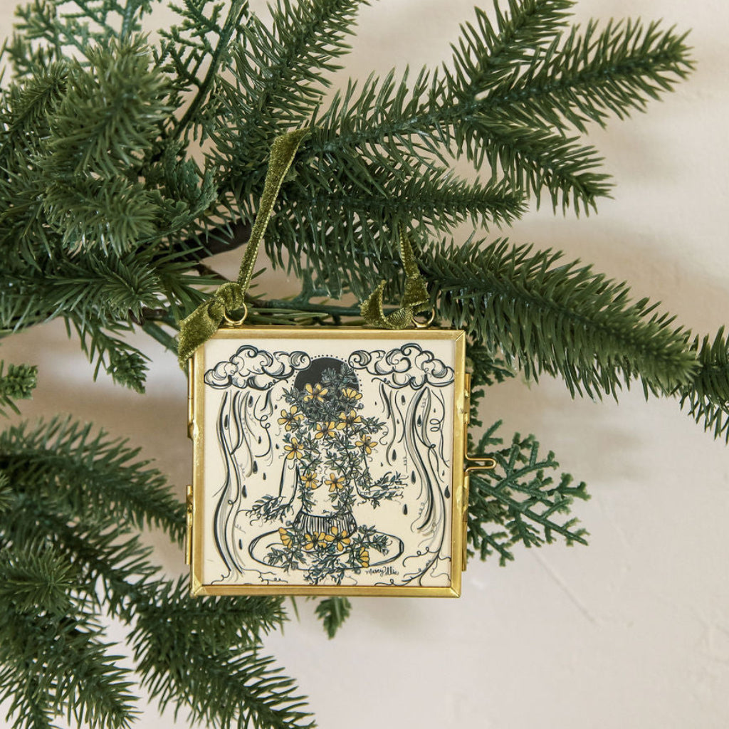 monsoon caller double-sided glass frame ornament with desert rain illustration and green velvet ribbon by marcy ellis