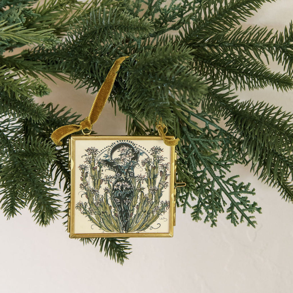queen of the night double-sided glass frame ornament with night blooming cereus illustration and green velvet ribbon by marcy ellis