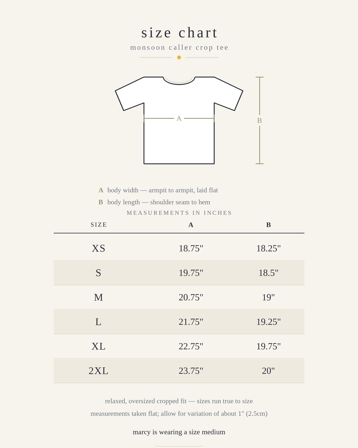 A size chart graphic for a monsoon caller crop tee by Marcy Ellis, showing a simple t-shirt outline with measurement labels A and B and a size table from XS to 2XL with measurements in inches on a light beige background.