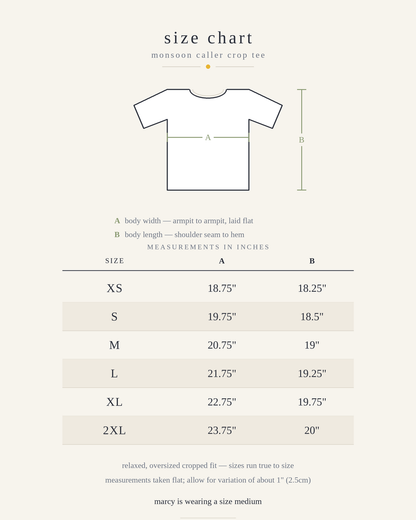 A size chart graphic for a monsoon caller crop tee by Marcy Ellis, showing a simple t-shirt outline with measurement labels A and B and a size table from XS to 2XL with measurements in inches on a light beige background.